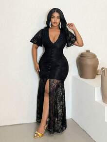 Maweii Vestido mini de mujer talla grande con mangas de volantes de malla transparente sexy, vestido elegante de fiesta de vacaciones con escote en V y abertura frontal - Negro - Ver 4