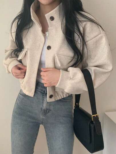 Chaqueta corta informal de cuello alto para mujer,Abrigo de mujer con cuello alto y bolsillos,Chaqueta oversize a la moda,adecuada para practicar deporte y para el uso diario informal, viajes, aeropuerto