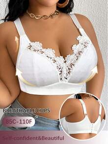 大码优雅纯色蕾丝拼接无钢圈文胸 - 白色 - 查看 7