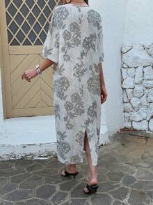 Vivie Lora 女士V领宽松全印花半拉链长连衣裙 - 灰色 - 查看 3