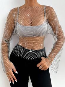 VaVaBold 女士时尚性感透视水钻渔网吊带背心套装，夏季，夏季上衣，夏季，夏季假期，女士夏季，女士夏季，春季，春季女士，春假，春季，春季，春季，春季女士，春季女士，度假女士，女士假期，夏季假期，女士度假，假期，假期，夏季假期，女士海滩假期 - 銀色 - 查看 4