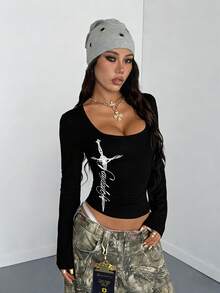 StreetHx 女士收腰修身白色长袖T恤，波浪字体印花，街头风Y2K复古图案，秋冬款 - 黑色 - 查看 5