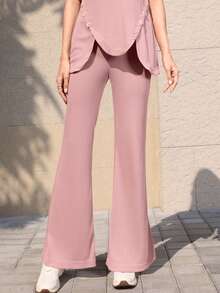 Mulvari Minimalist Elastic Waist Pink Slant Pocket Knit Flare Pants - Pink - View 5