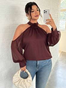 Firerie Große Größen einfarbiges 3D Blumen Dekor Ausschnitt elegant Langarm Bluse mit freien Schultern, sexy Blusen mit Ballonärmeln, Frühlings Bluse für Frauen, Schulterfreie Bluse für Frauen - Bordeaux - Übersicht 6