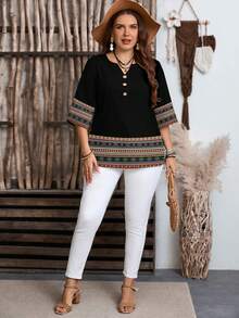 EMERY ROSE Camisa holgada de talla grande con estampado geométrico de estilo bohemio, adecuada para primavera y otoño - Multicolor - Ver 5