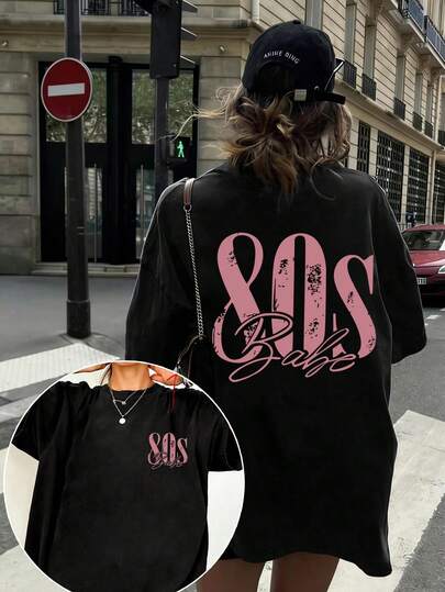 EMERY ROSE Damtröja med 80-talsmönster – tryck med bokstaven "80", kortärmad, rund hals, sommarmodell, fyrsäsongs-T-shirt | Avslappnad stil