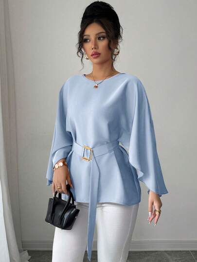 Selianne 女式法式圆领蝙蝠袖系腰亮面红色衬衫，春夏