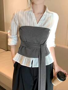 DAZY 女士二合一系带领长袖优雅正式衬衫，春秋季 - 白色 - 查看 3