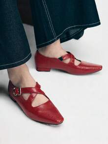 Mnmlis Solid Color Small Square Toe Daily Fashion Comfortable Versatile Casual Flat Shoes, Suitable For Walking Travel And Vacation - Burgundy - View 8