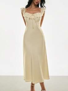 Poéselle 女士时尚优雅露肩蕾丝边中长连衣裙 - 杏色 - 查看 8