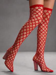 CUCCOO SZL 尖头粗跟性感迷人镂空设计舞台派对时尚过膝长靴，适合春季、春假、复活节和情人节穿着。 - 紅色 - 查看 2