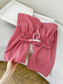 Sweetra 女士新年、夏季、万圣节、圣诞节、感恩节服装，新品上市，适合派对、通勤、日常、度假、海滩、休闲穿着。女士夏季沙滩裤，红白格子裤，红色裤子搭配白色扭结蝴蝶结腰带设计，宽松裤腿，休闲度假海滩时尚裤 - 紅白色 - 查看 4