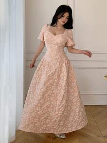Celisse Champagne Jacquard Puff Sleeve Wrap Tie Waist Princess Dress, Elegant Vintage Palace Style Formal Dress - Dusty Pink - View 6