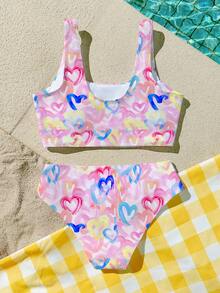 Neon Heart Print Sweet & Cute, Beach Vacation, Tween Girls Casual Minimalist Camisole & Triangle Bikini Swimsuit Set, Suitable For Summer Princess Chic, Little Stars, Tween Girl Swimwear, Vacay Romance - Multicolor - View 3