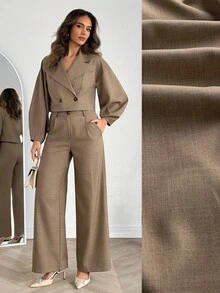 EURMUSE Women's Brown Double-Breasted Cropped Blazer And Wide Leg Pants Set - Brown - View 1