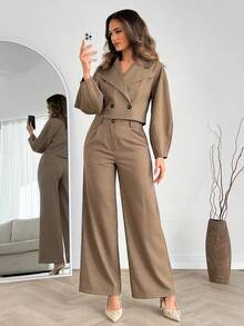 EURMUSE Women's Brown Double-Breasted Cropped Blazer And Wide Leg Pants Set - Brown - View 6