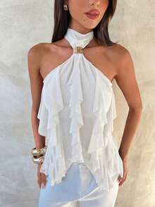 Aloruh 女士优雅多层荷叶边立领修身背心 - 白色 - 查看 5