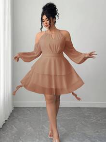Elenzga Plus Size Women's Open Shoulder Solid Color Keyhole Neck Lantern Sleeve Dress - Khaki - View 4