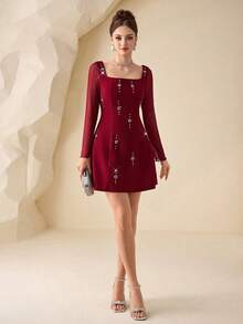 Modelyn 女士酒红色针织长袖网纱收腰A字型串珠连衣裙，春夏款 - 酒紅色 - 查看 8