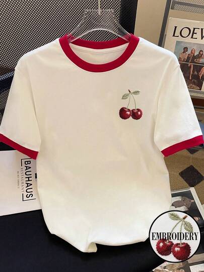 Resyla Women's Cherry Embroidery Contrast Color Round Neck Short Sleeve Casual T-Shirt