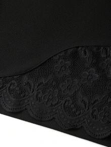 SHEIN Clasi 女士优雅撞色蕾丝修身铅笔裙，黑色休闲夏季女装，女士休闲优雅中长裙，修身，弹力，百搭，经典，适合办公室穿着，教师服装 - 黑色 - 查看 7