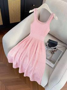 GlowEve 法式浪漫方领钻石装饰收腰A字粉色针织连衣裙，女士春夏款 - 粉色 - 查看 3