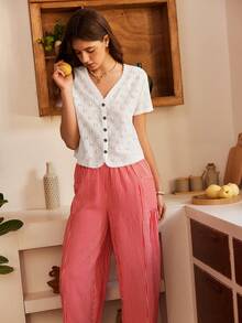 Bohemian Boho Style Casual Vacation Jacquard Lace Trim Loose Blouse, Striped Wide Leg Pants Women Pajama Set - Red and White - View 4