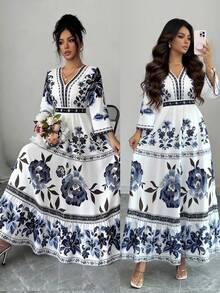 SHEIN Elenzya 女士印花喇叭袖收腰A字连衣裙，优雅百搭，适合度假、通勤、情人节、约会，展现法式街头风情，复古百搭，蓝白花卉植物印花，早春/春夏长袖中长连衣裙 - 彩色 - 查看 10