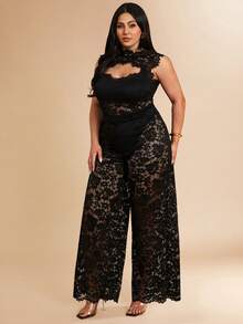 SHEIN BAE 大码女士纯黑色性感透视蕾丝露背连体裤，优雅日常、约会、派对外出装扮，不对称阔腿连体裤，情人节连体裤，日常连体裤，优雅连体裤，秋季蕾丝连体裤 - 黑色 - 查看 6