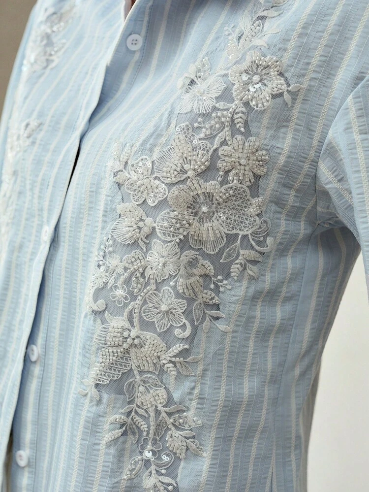 EMBROIDERY MESH BEADED DETAIL STRIPED PRINT SHIRT