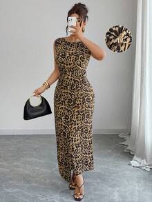 Elenzga Plus Size Women's Round Neck Sleeveless Wrap-Style Metal Buckle Decor Leopard Print Elegant Dress, Spring/Summer - Multicolor - View 3