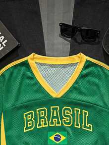 SHEIN EZwear Women's Casual V-Neck Loose Cropped 5/8 Sleeve Mesh T-Shirt, Suitable For Summer, Suitable For Ball Games, Women's Raglan Sleeve Knit T-Shirt, Fan Merchandise, Sports Team Culture, Game Viewing, Yellow And Green Striped Casual Jersey, Sports Casual Mixed T-Shirt For Women - Multicolor - View 3