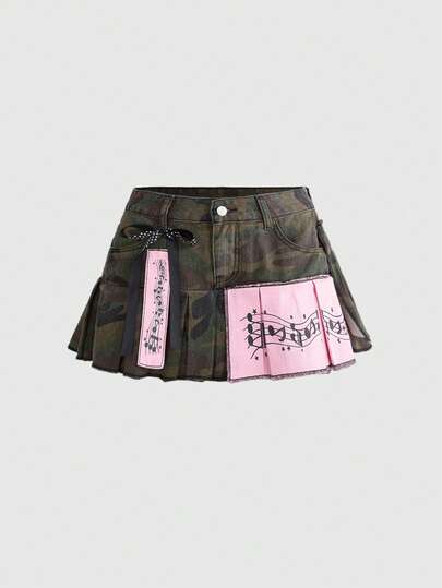 ROMWE J-Fashion Váy mini denim nữ cạp siêu thấp phối màu tương phản họa tiết rằn ri Y2K