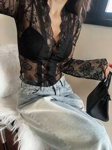 DAZY Women's Fashionable Sexy Sheer Lace Blouse,Going Out Tops For Women - Black - View 4