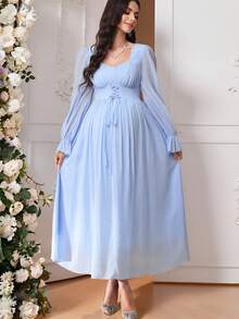 SHEIN 孕妇纯色腰带荷叶边袖口优雅派对长袖连衣裙 - 淺藍色 - 查看 2