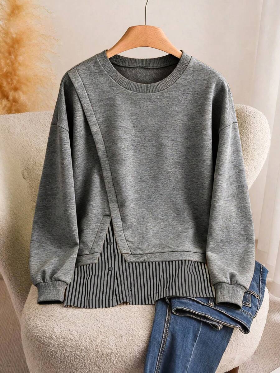 Franclia Áo nỉ dáng rộng, phối sọc, cỡ lớn, thích hợp mặc mùa xuân/thu. - Màu xám đen - Xem 1