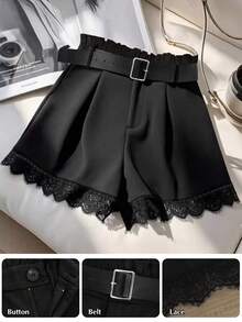 GlowEve CURVE 大码女式蕾丝边休闲短裤，配腰带 - 黑色 - 查看 1