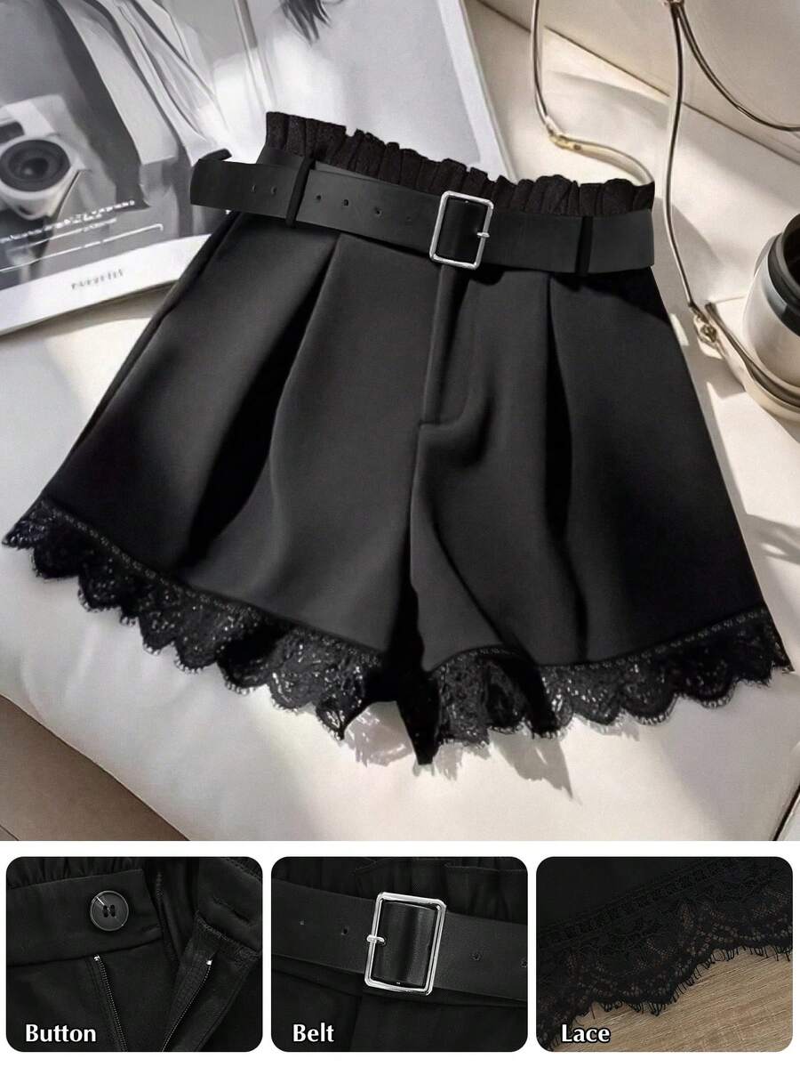 GlowEve CURVE 大码女式蕾丝边休闲短裤，配腰带 - 黑色 - 查看 1