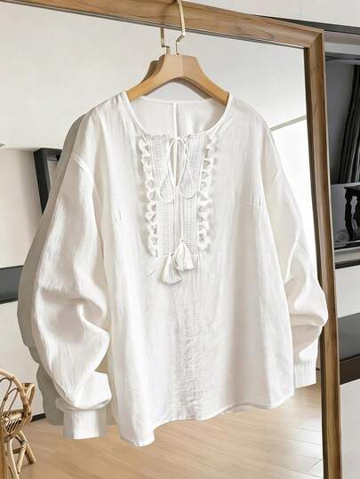 Elenzga Plus Size Women Crew Neck Long Sleeve Floral Lace Trim Sheer Elegant Blouse