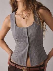 EMERY ROSE New Women Striped Casual Tie-Waist Sleeveless Fitted Tank Top - Coffee Brown - View 1
