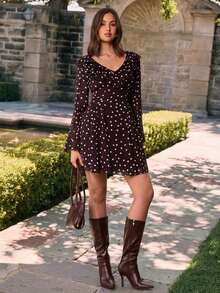 Enchnt 女士印花荷叶边领长袖连衣裙 - 棕色 - 查看 1