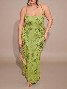 SHEIN BAE Đầm maxi cỡ lớn màu xanh lá cây trơn thêu hoa 3D đính sequin, xuyên thấu, hở lưng, buộc dây, thích hợp cho mùa xuân/hè, đi nghỉ mát, hẹn hò ngày Valentine, đầm ngắn cho phù dâu, đầm sequin sinh nhật, đầm maxi hở lưng, phù hợp cho tiệc tùng, hộp đêm, các dịp trang trọng, đầm dự tiệc cưới mùa thu, đầm dự tiệc cưới dành cho nữ. - màu xanh lá - Xem 3