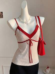 SHEIN EZwear 情人节休闲简约爱心波点印花撞色系带吊带背心（女款） - 彩色 - 查看 4