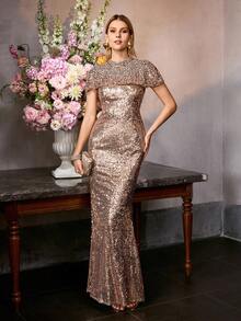 MOTF PREMIUM 女士优雅亮片高领长款晚礼服，饰有水钻装饰和美人鱼下摆，适合正式活动和庆典 - 香檳色 - 查看 5