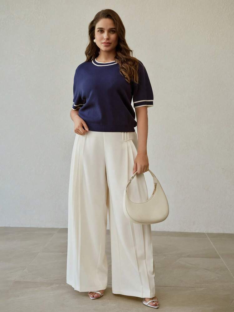PLUS SIZE WOMEN'S SOLID COLOR DESIGN WAIST CASUAL PANTS, VERSATILE FOR COMMUTING