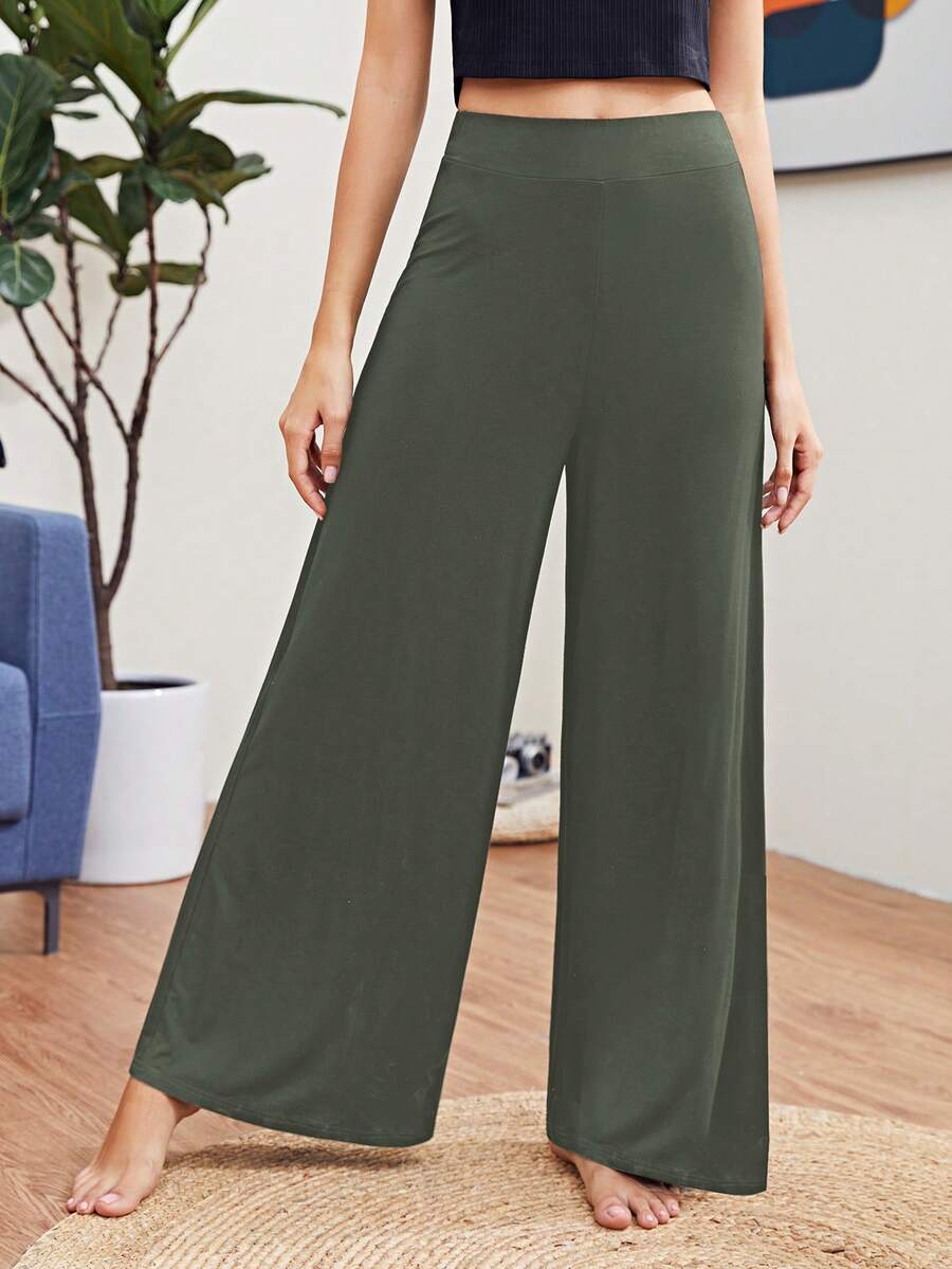 SHEIN Essnce 女士休闲日常通勤简约纯色宽松阔腿裤 - 綠色 - 查看 1