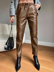 EURMUSE Women's Solid Color Drawstring Waist Casual Pants - Chocolate Brown - View 5