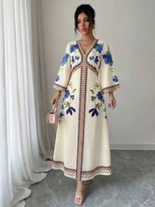 Yasmyna 女士优雅通勤印花喇叭袖连衣裙 - 藍色 - 查看 4