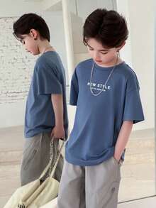 Dazy Kids Áo thun ngắn tay cổ tròn in chữ cho bé trai tuổi teen, kiểu dáng thường ngày, đa năng, thích hợp mặc mùa hè. - Màu xanh lam - Xem 4