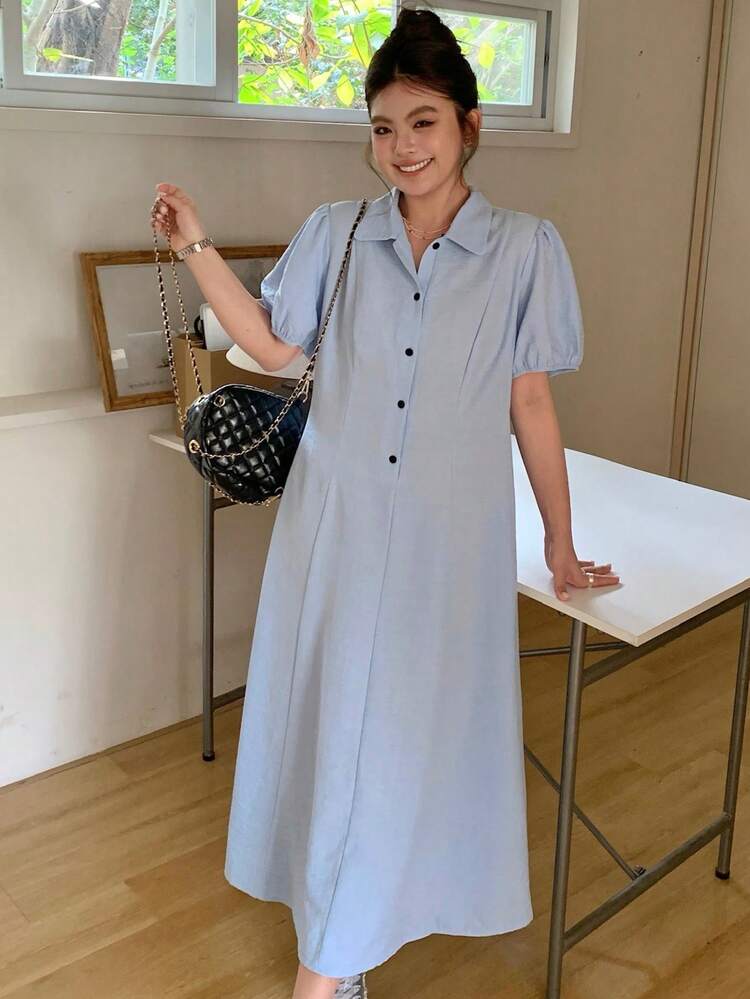 Dazy Plus Plus Size Solid Color Front Button Casual Versatile Short Sleeve Dress Sundress Summer